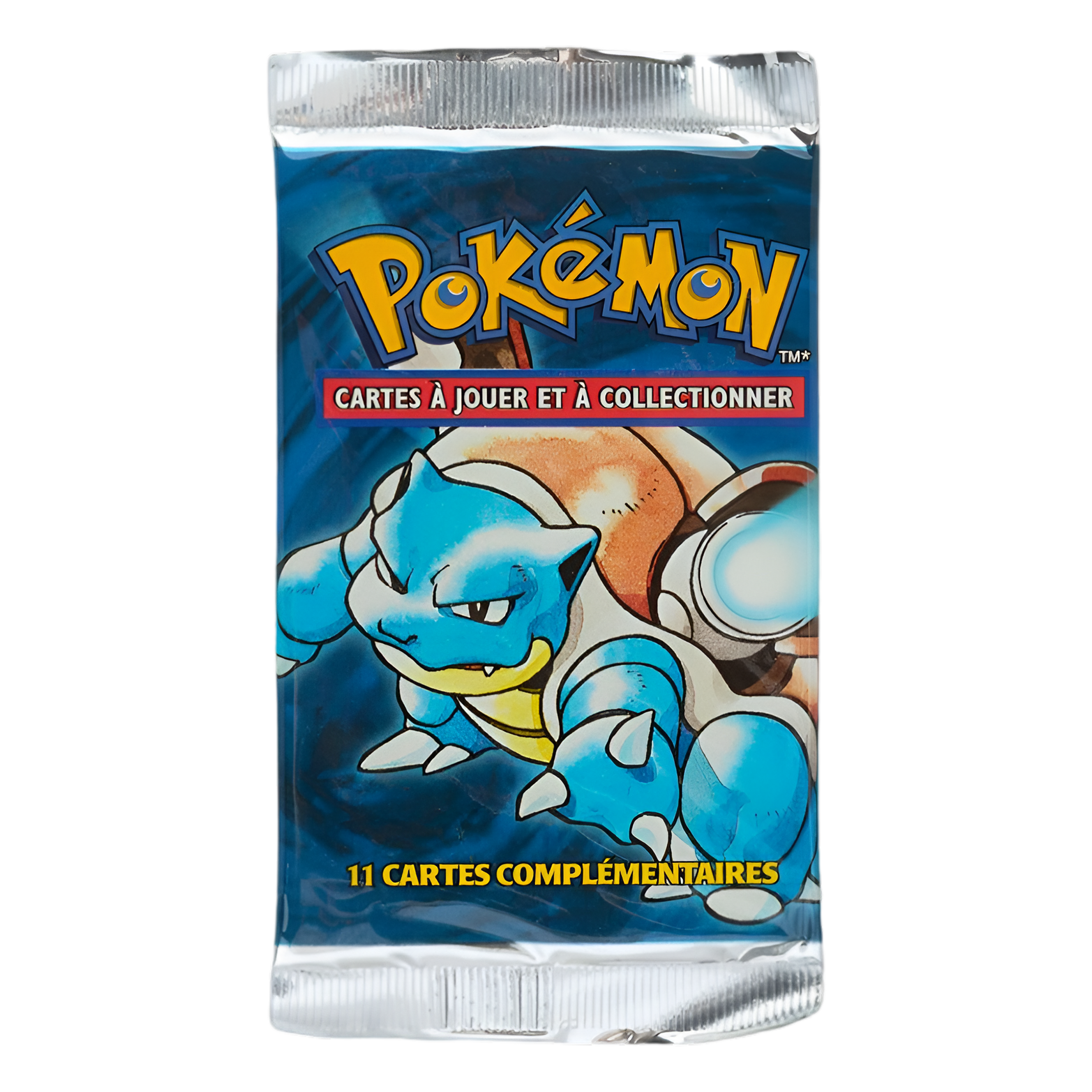 Face d’un booster Pokémon en français, édition de base, illustré avec Tortank (Pokémon bleu avec deux canons sur le dos) sur fond bleu, logo "Pokémon" en haut, bandeau rouge "Cartes à jouer et à collectionner", et mention "11 cartes complémentaires" en bas.