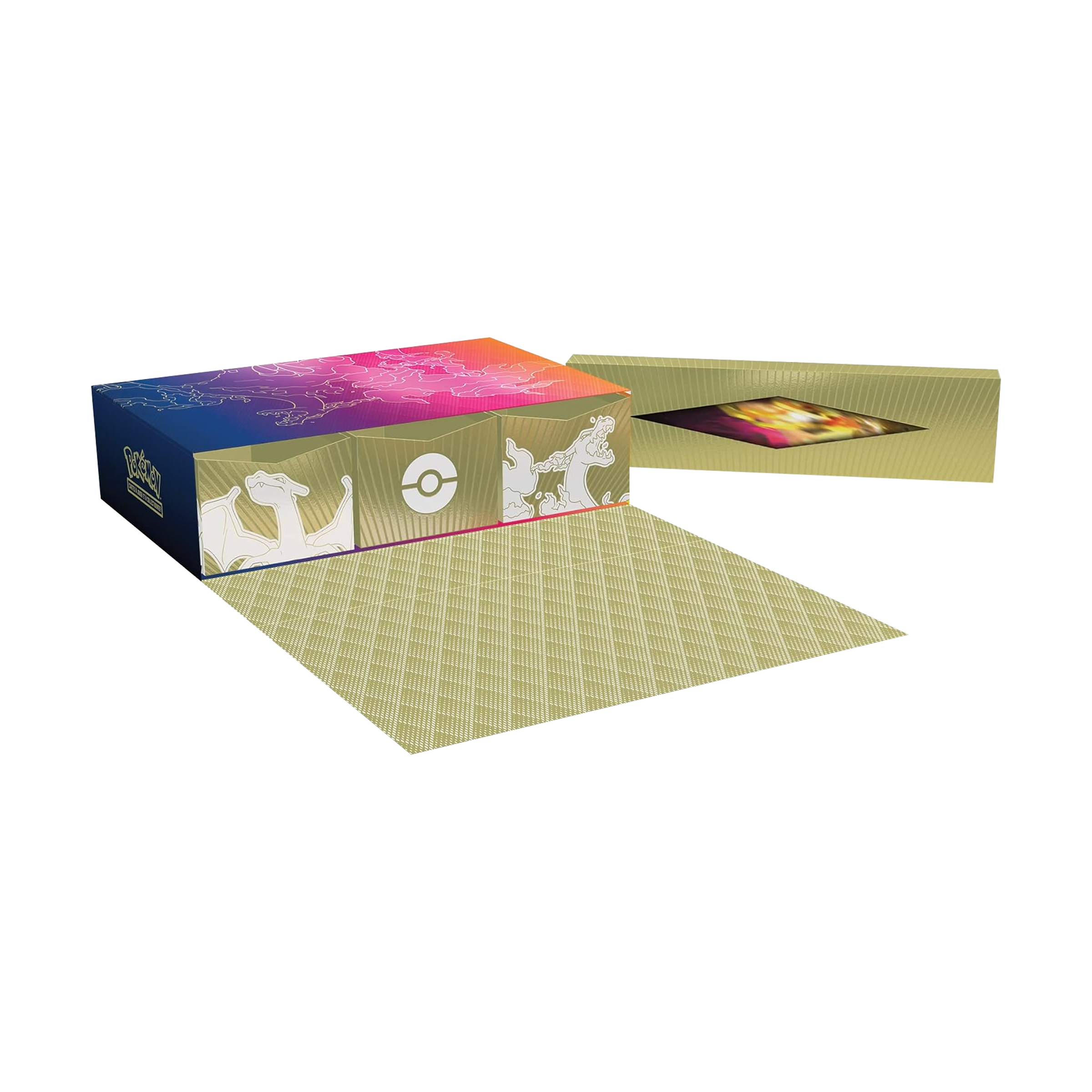 Coffret Pokémon Ultimate Ultra Premium Dracaufeu Épée et Bouclier, version française, avec plateau de présentation et contenu visible