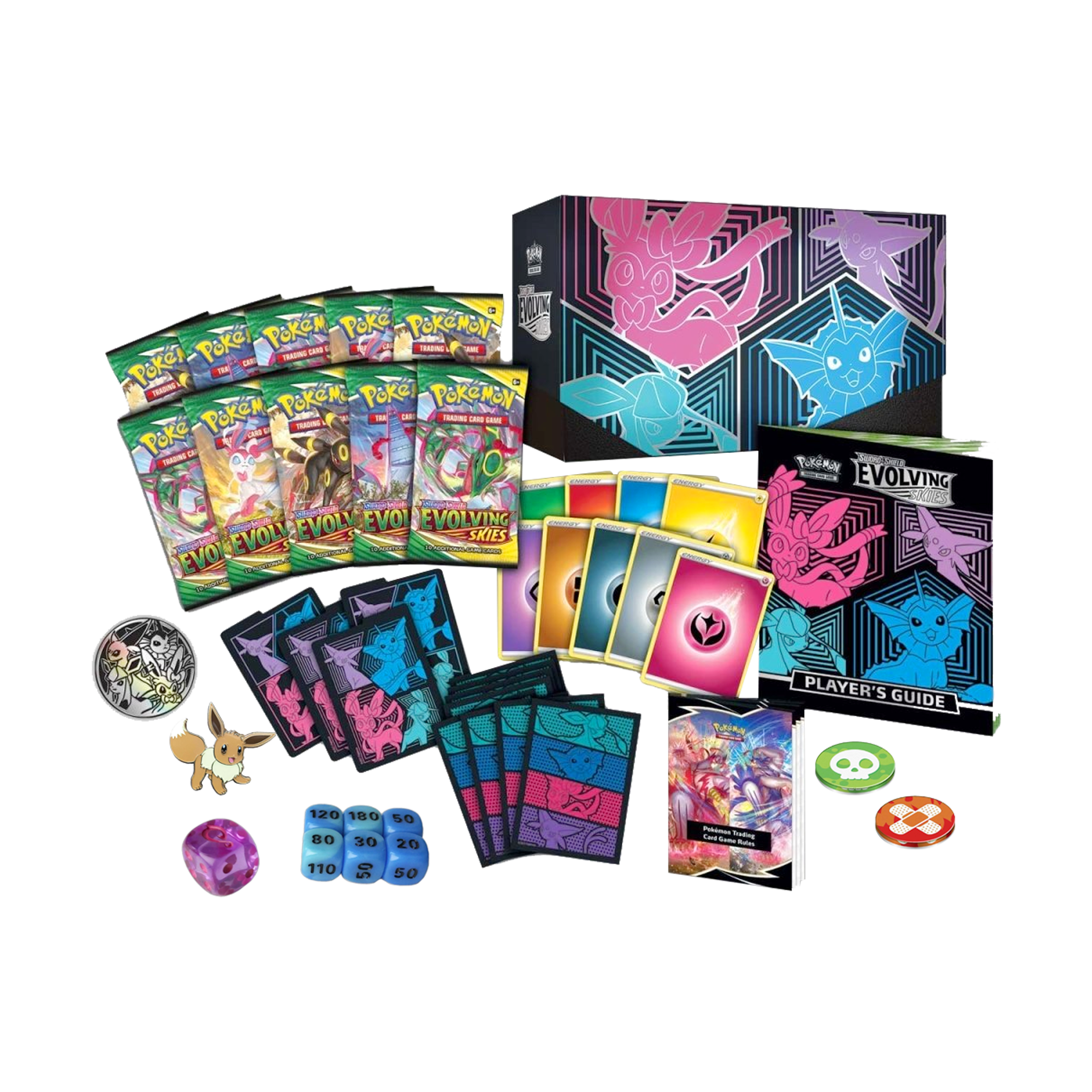 Contenu de l'Elite Trainer Box Pokémon Center bleue Évolution Céleste en anglais, avec accessoires, boosters et cartes de la série Épée et Bouclier