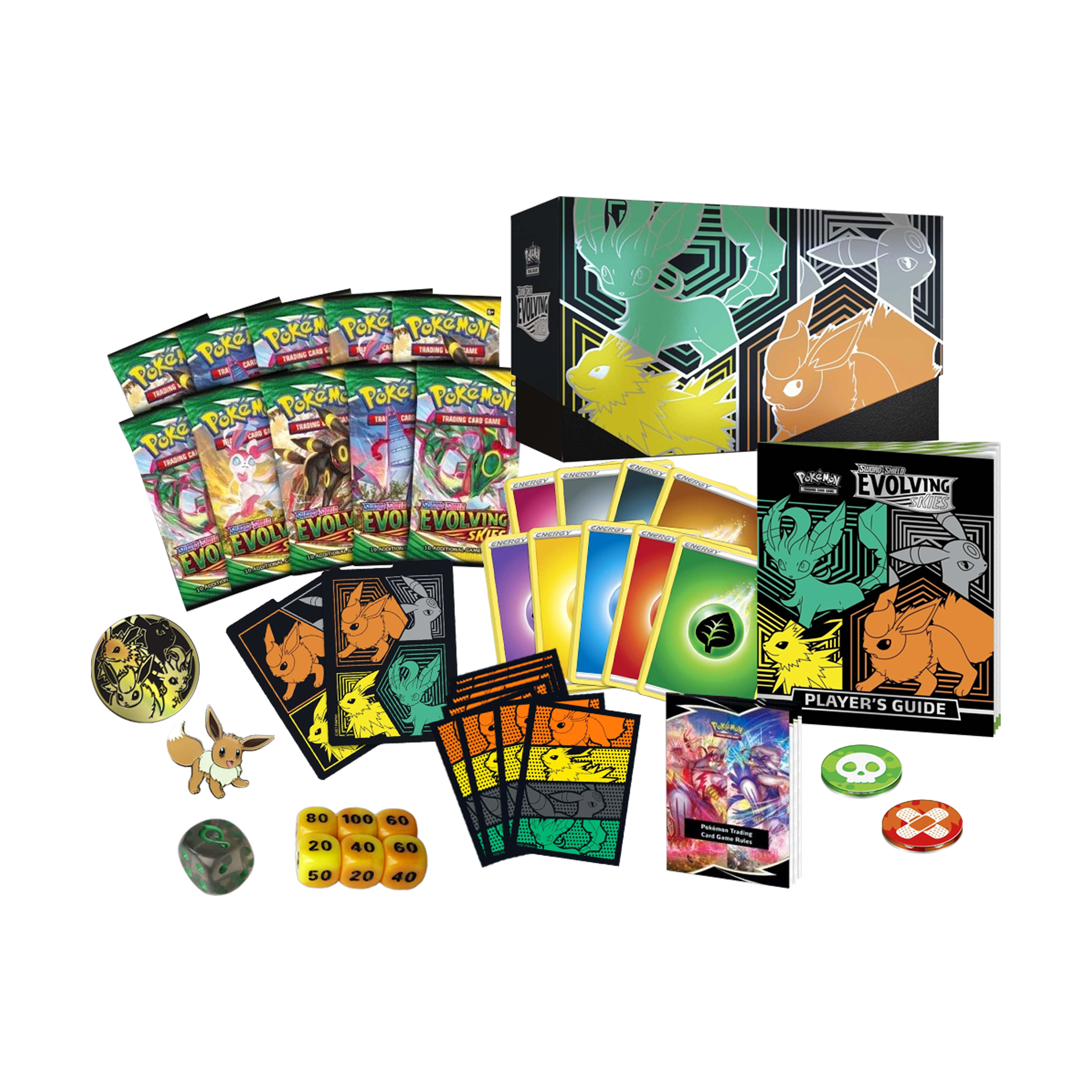 Contenu de l'Elite Trainer Box Pokémon Center verte Évolution Céleste en anglais, incluant boosters, cartes et accessoires de la série Épée et Bouclier