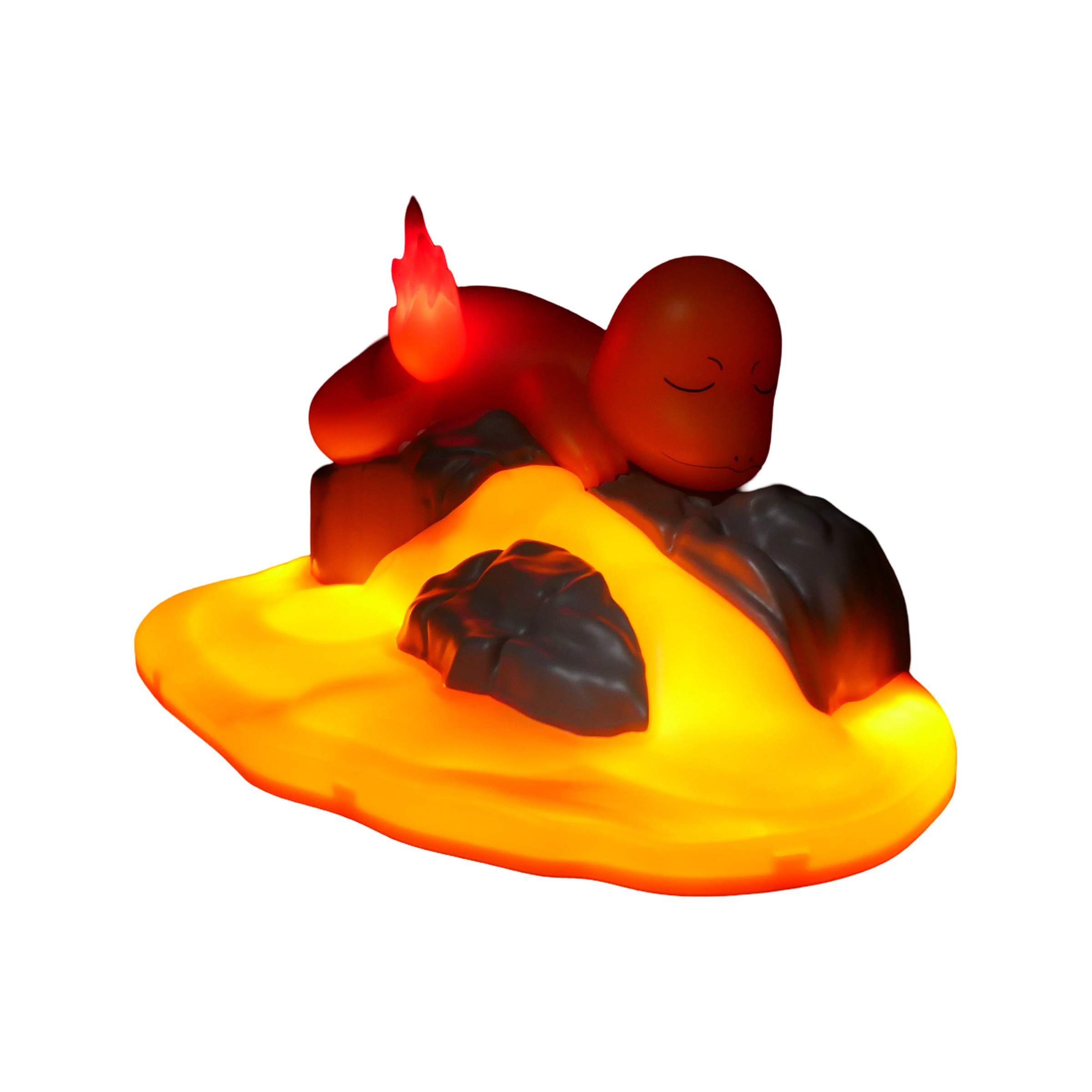 Lampe figurine Salamèche Pokémon allumée, endormi sur un rocher, la lave orange illuminée dans l’obscurité. Objet de collection et décoration lumineuse.