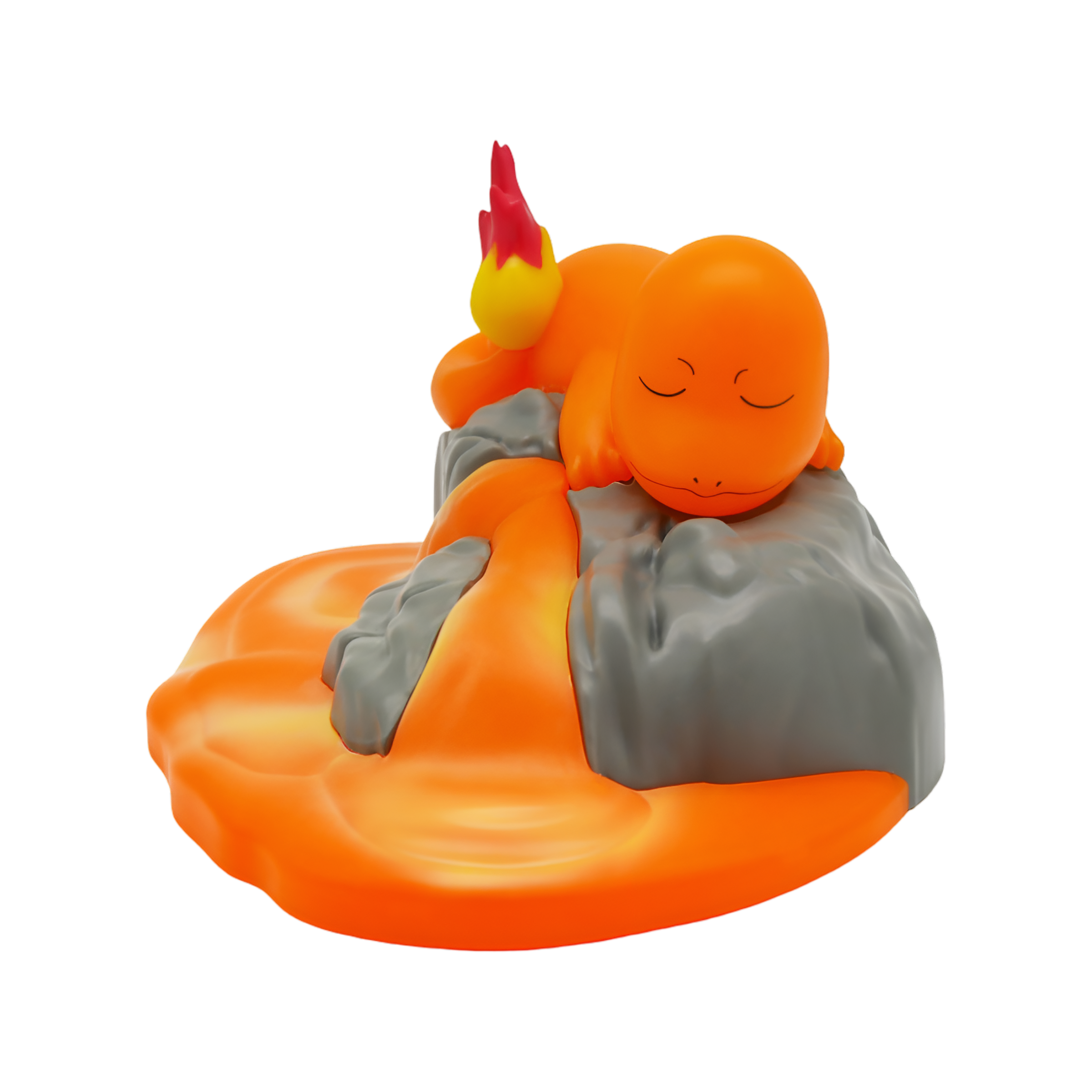 Figurine de Salamèche Pokémon endormi sur un rocher gris, entouré de lave orange, vue de face, sur fond transparent. Objet de collection Pokémon.