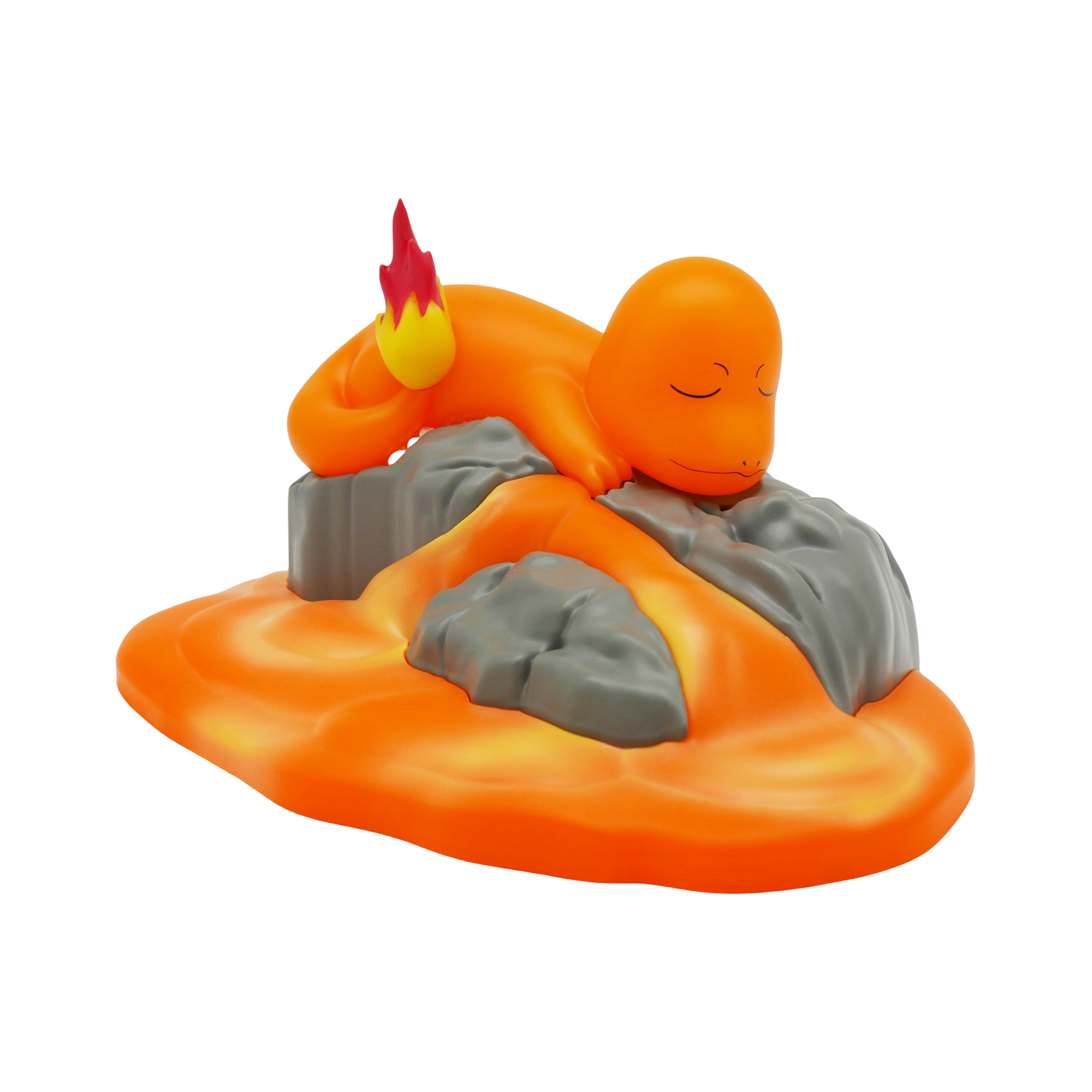 Veilleuse LED Pokémon Charmander vue de dos, montrant le bouton ON/OFF et la prise USB sur le socle en forme de rocher.
