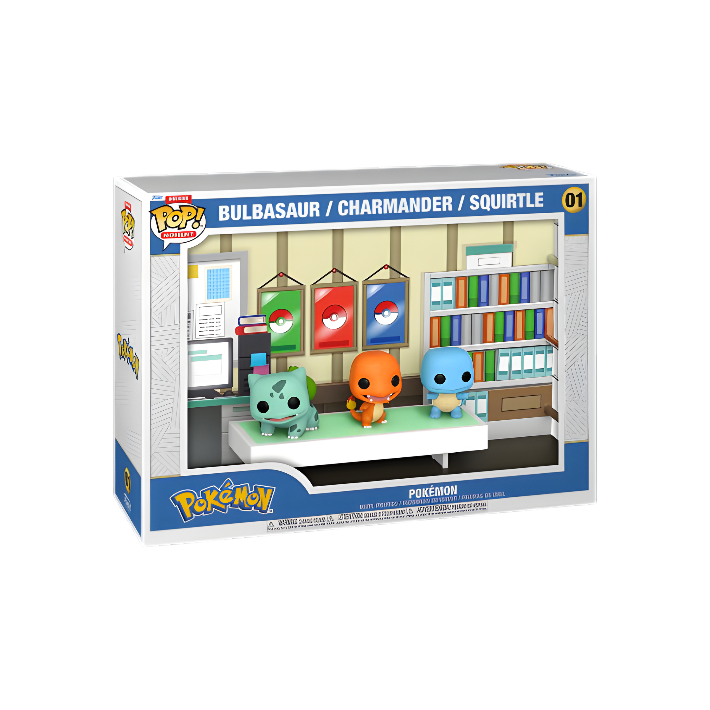 Coffret Funko Pop! Deluxe Pokémon représentant le laboratoire du Professeur Chen avec Bulbizarre, Salamèche et Carapuce en figurines, décor de bureau et affiches Pokéball, produit officiel idéal pour collectionneurs.