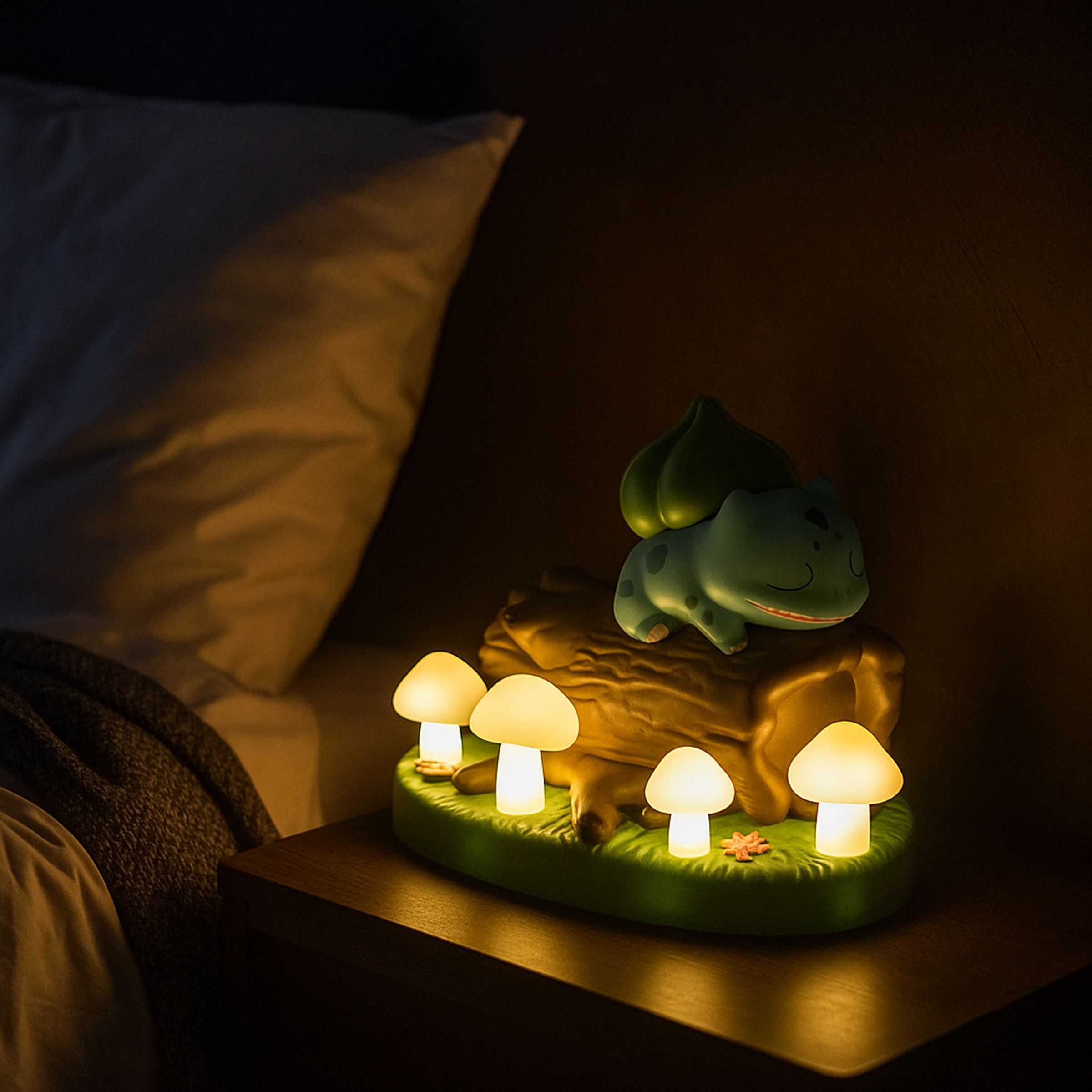 Lampe de chevet Pokémon représentant Bulbizarre endormi sur une souche, entouré de petits champignons lumineux, posée sur une table de nuit dans une chambre sombre.