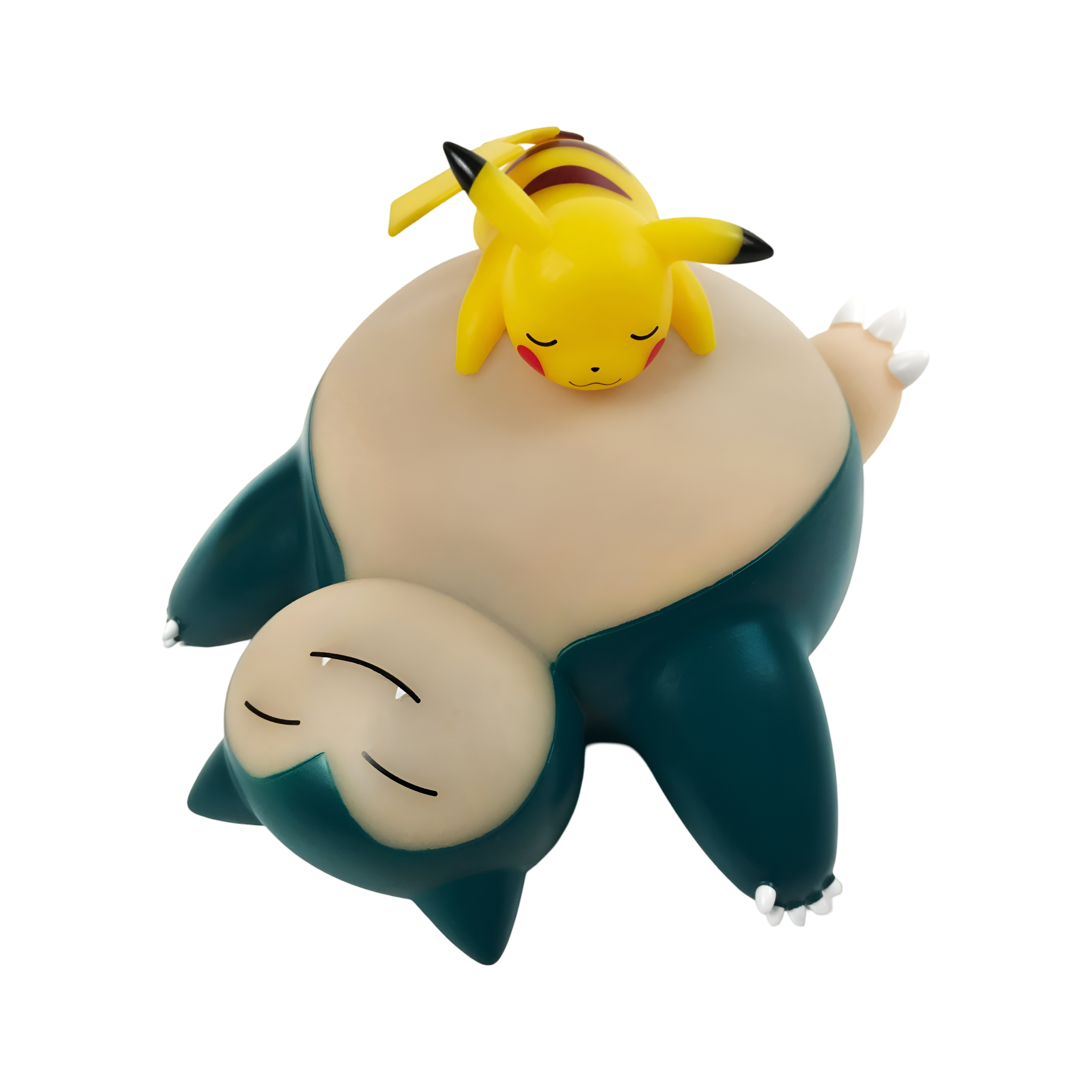 Lampe LED sans fil Pokémon représentant Ronflex (Snorlax) allongé sur le dos avec Pikachu endormi sur son ventre, deux positions d’éclairage, bouton ON/OFF, fonctionne avec 3 piles AAA (non incluses) ou câble USB fourni, dimension 25 cm, idéale comme veilleuse décorative.