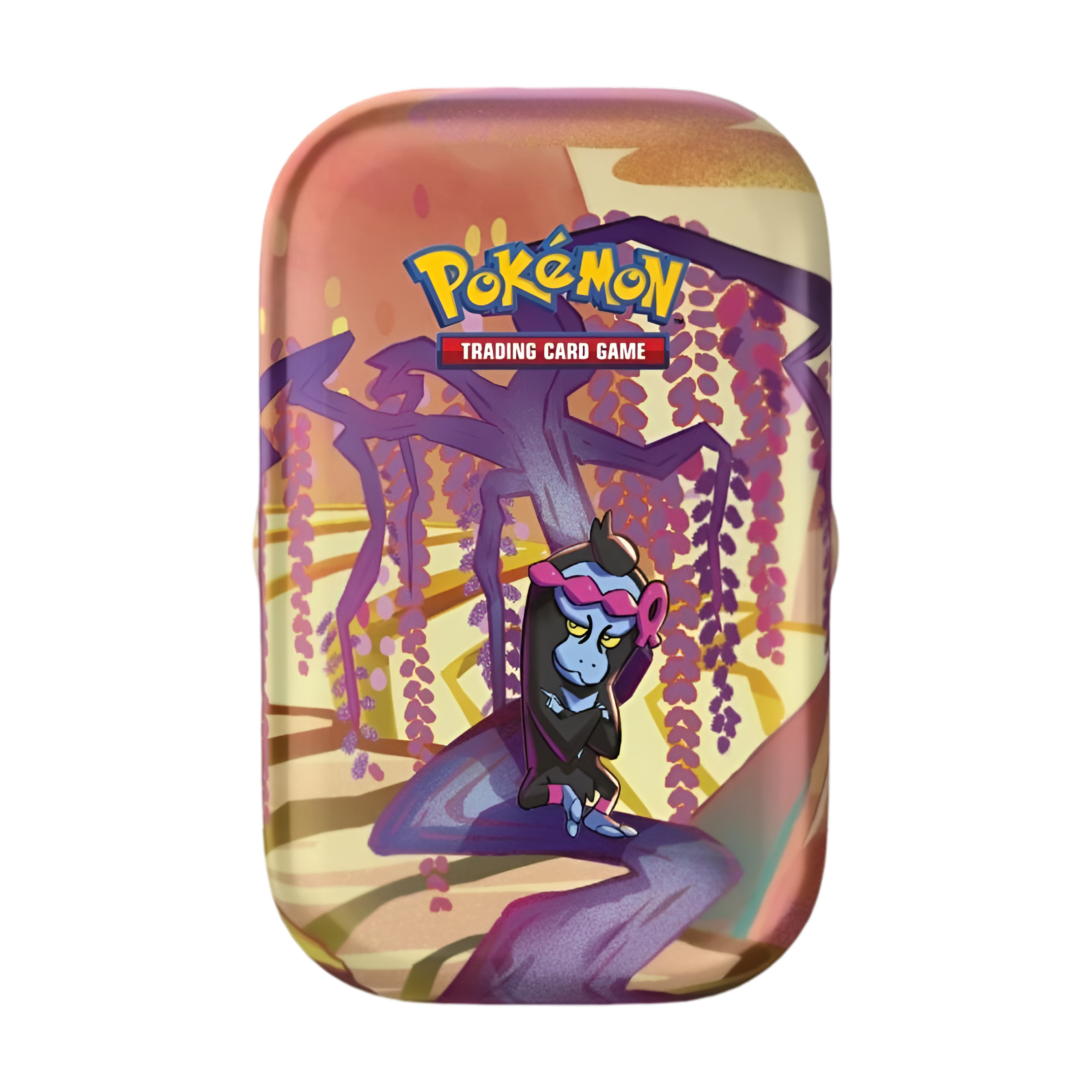 Boîte métallique Pokémon Mini Tin illustrée avec Feurison de Hisui assis sur une branche d’arbre fleuri, dans un paysage pastel, avec le logo "Pokémon Trading Card Game" en haut. Boîte de rangement pour cartes à collectionner.