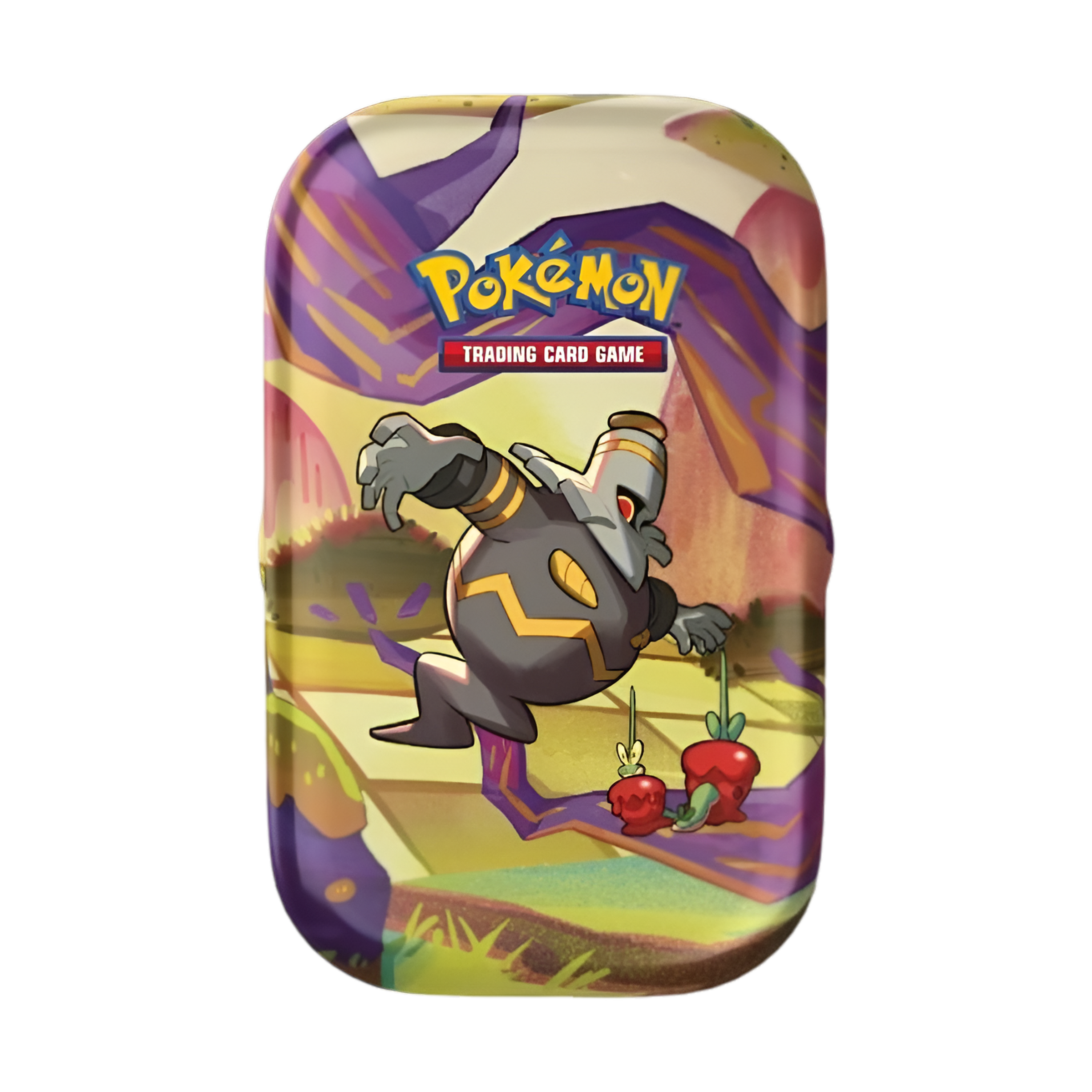 Boîte métallique Pokémon Mini Tin illustrée avec Golemastoc (Golurk) en train de marcher, sur un fond coloré de motifs géométriques et de pommes, logo "Pokémon Trading Card Game" en haut. Accessoire de rangement pour cartes à collectionner.