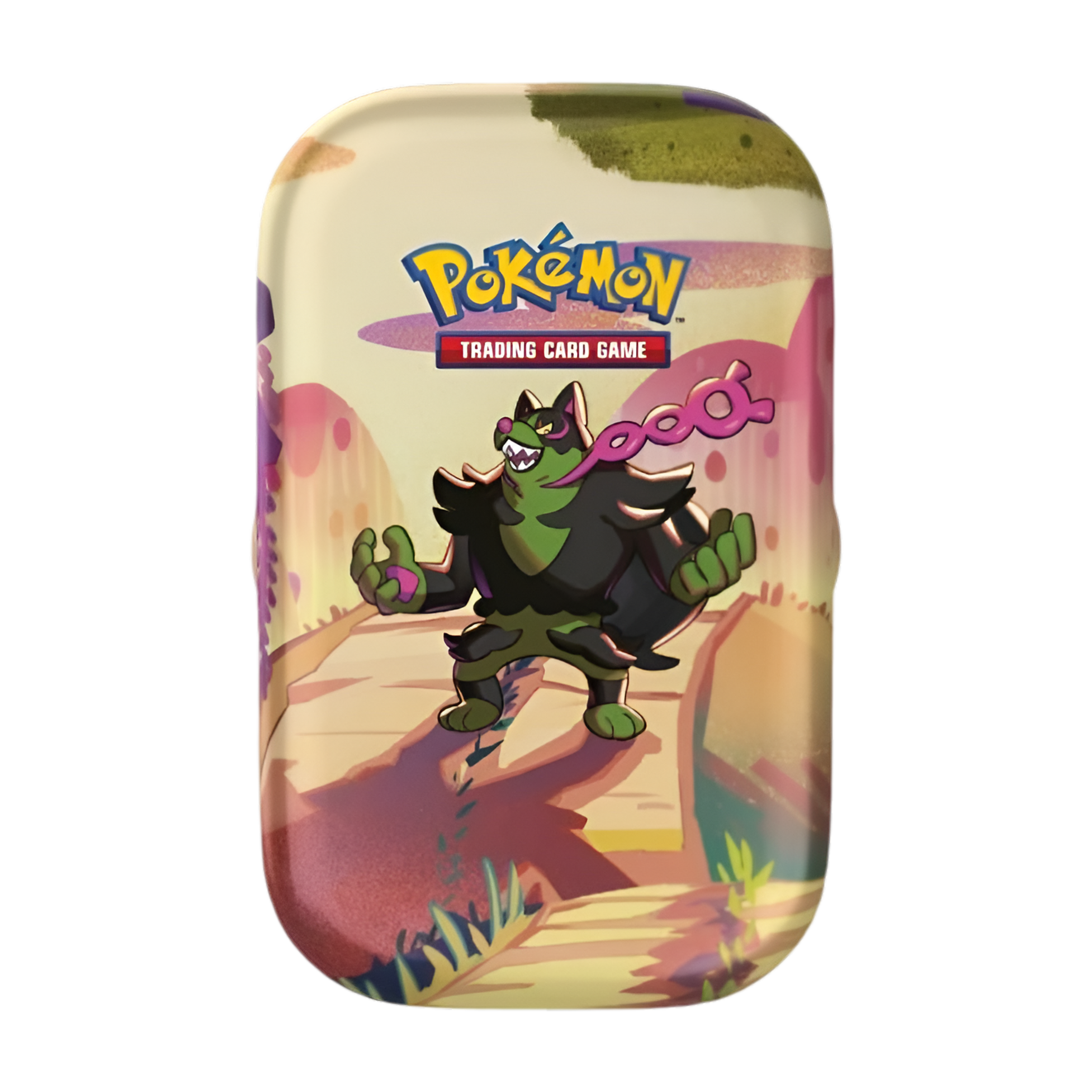 Boîte métallique Mini Tin Pokémon illustrée avec Gromago debout sur un chemin, entouré d’un décor coloré, avec le logo "Pokémon Trading Card Game" en haut. Accessoire pour cartes à collectionner.