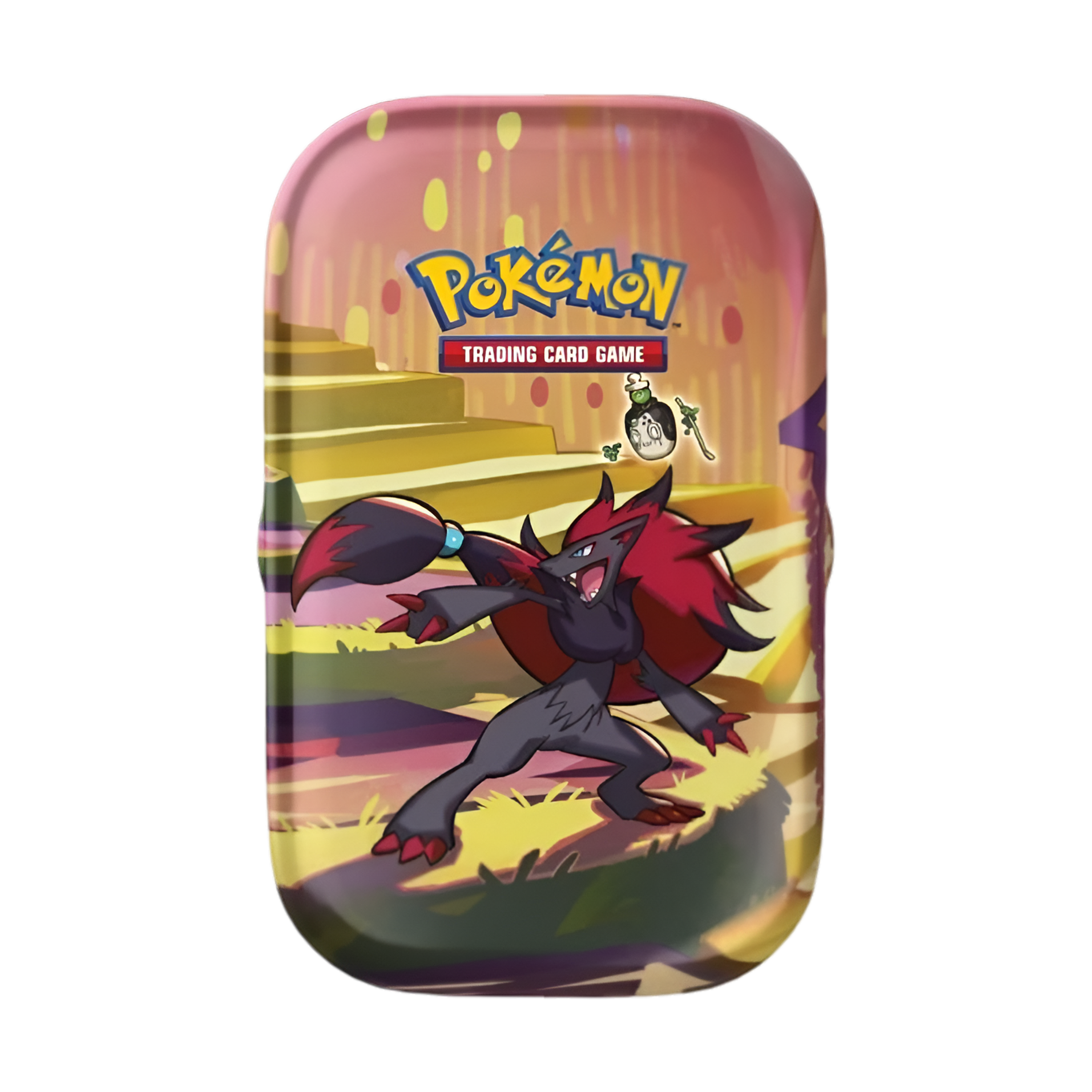 Boîte métallique Pokémon Mini Tin illustrée avec Zoroark en premier plan, sur un décor coloré de marches et de lumière dorée, logo "Pokémon Trading Card Game" en haut. Accessoire de rangement pour cartes à collectionner.