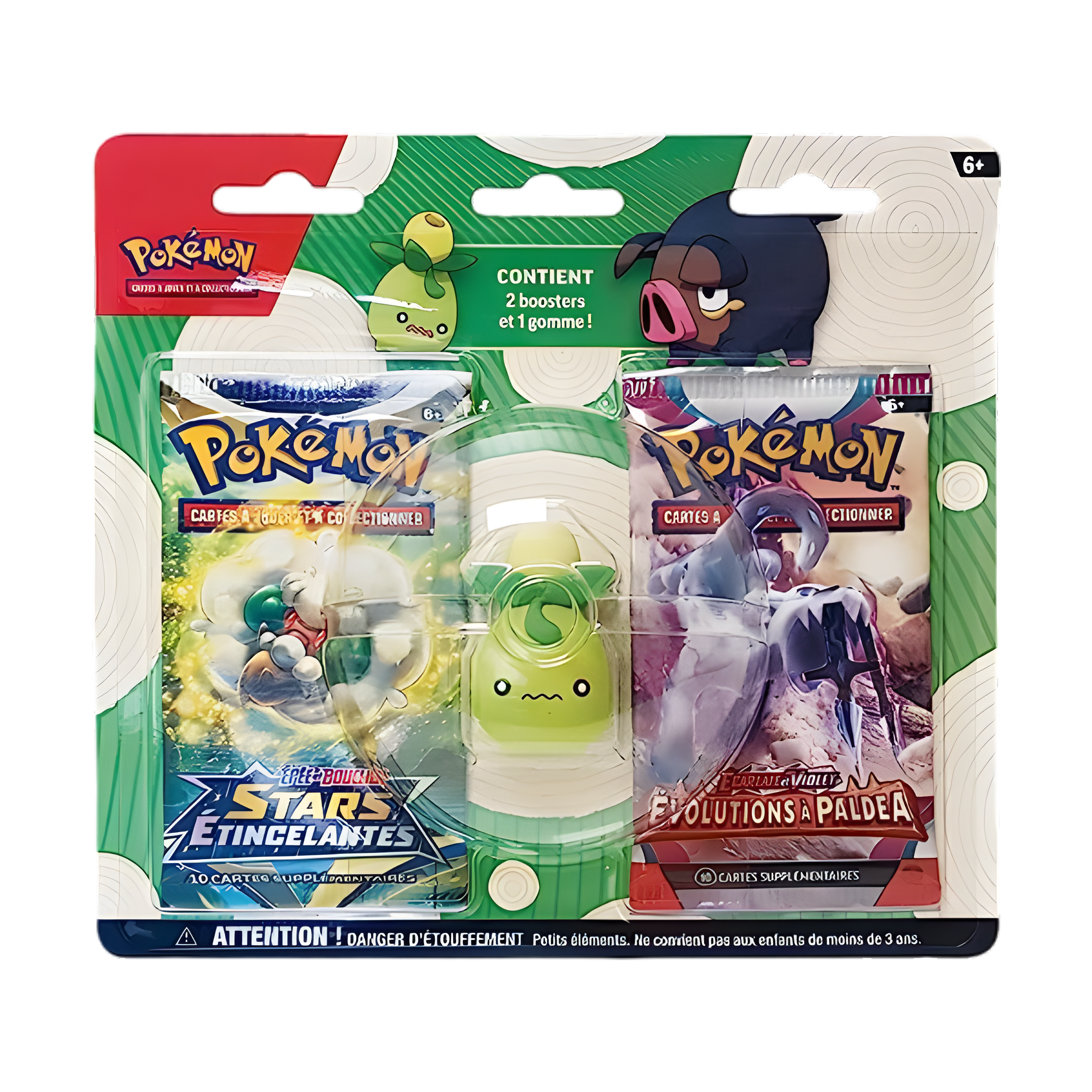 Coffret Pokémon sous blister contenant deux boosters français : un booster Épée et Bouclier "Stars Étincelantes" (à gauche, fond bleu et doré avec Shaymin) et un booster Écarlate et Violet "Évolutions à Paldea" (à droite, fond beige/rose avec un Pokémon dragon). Entre les deux boosters se trouve une gomme verte en forme de Pokémon (Poussacha). L’emballage est vert avec des illustrations de Gourmelet et Pâtachiot, et le texte indique "Contient 2 boosters et 1 gomme !". En bas, une bande d’avertissement indiq