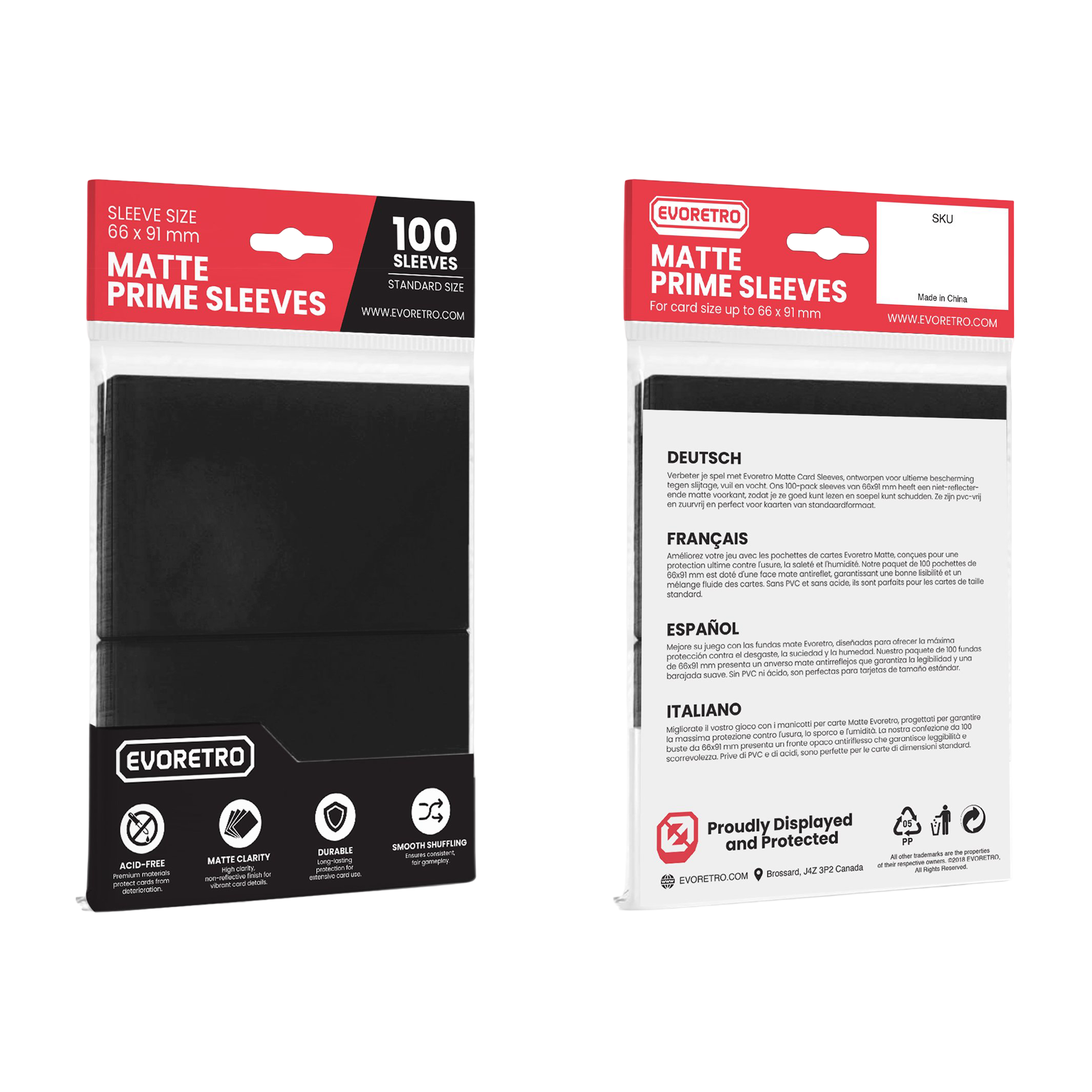 Protèges-cartes noirs mats EVORETRO 66x91mm, paquet de 100 sleeves pour cartes Pokémon, Magic et jeux de cartes à collectionner